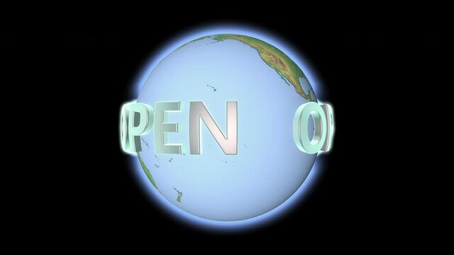 Free and open planet earth. Animation of the globe and the word open.