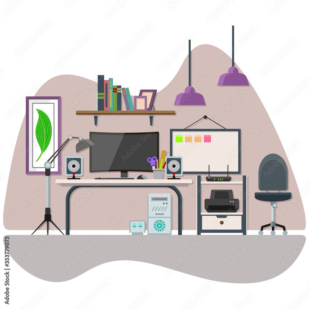 Poster vector illustration of the interior of a front look workspace in a comfortable home. suitable for de
