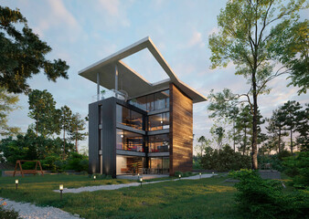 Fototapeta na wymiar Photorealistic render building exterior in the outdoor 3d illustration