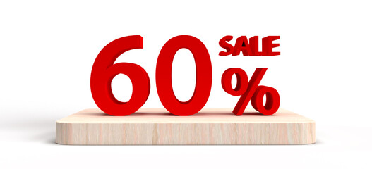 60% red cells on a wooden platform in 3D rendering on a white background.