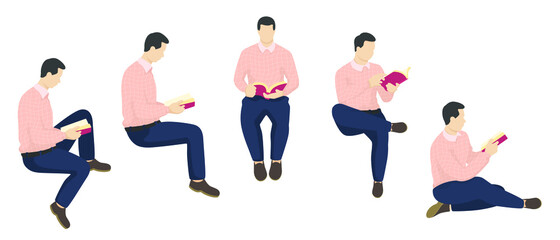 Set of reading man in modern flat style vector, simple education people concept on white background for your design work, presentation, website or others.