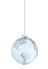 Concept of fragility of our world. Glass Globe with America on foreground is hanging on a thin thread. 3D illustration