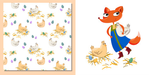 An animal fox with a seamless set pattern. Cute fox baby print and pattern kit