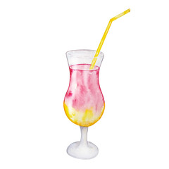 watercolor cocktail in a transparent glass with a straw