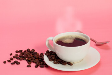 Hot coffee cups on the pink background