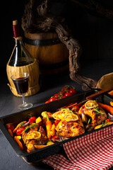 Grilled chicken legs with various vegetables and herbs.