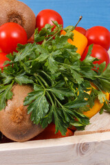 Fruits and vegetables in box. Nutritious food containing healthy minerals and vitamins