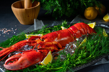 the cooked lobster on ice