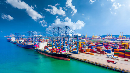Global transport cargo and logistic business import and export, Container ship in seaport terminal,...