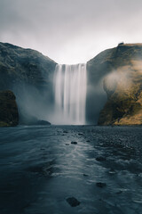 A long exposure photo of Icelandic waterfall called Skogafoss during the COVID outbreak without people