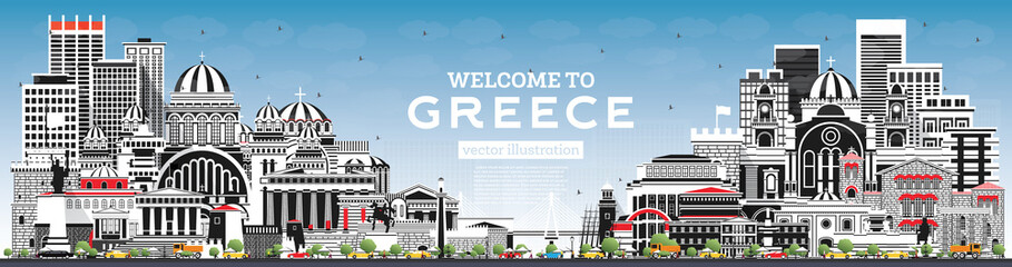 Welcome to Greece City Skyline with Gray Buildings and Blue Sky. Vector Illustration.