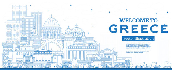 Outline Welcome to Greece City Skyline with Blue Buildings. Vector Illustration.
