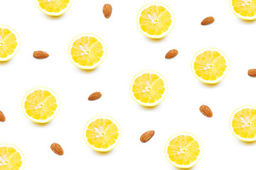  lemons refreshing and Almonds on a white background