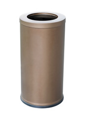 Close up of round trash can made of polished stainless steel. Public metal trash garbage can isolated on white background with clipping path.