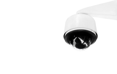 Modern public CCTV camera on wall isolated on white background. Intelligent reccording cameras for monitoring all day and night. Concept of surveillance and monitoring with clipping path copy space.
