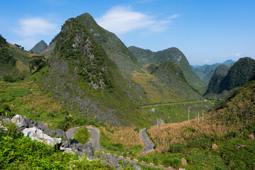 Beautiful mountain landscape of happiness road kilometer zero of Ha Giang Loop famous place and attraction travel destination Ha Giang City to Dong Van and Meo Vac, Vietnam
