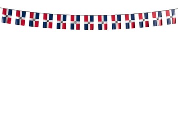 Obraz premium pretty many Dominican Republic flags or banners hangs on string isolated on white - any celebration flag 3d illustration..
