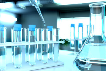 lab test-tubes in modern medical college clinic - drinking water quality test for bacteria concept, medical 3D illustration
