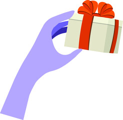 hand with a box, a gift, at the top with a bow. Drawing in a flat style. Vector graphics