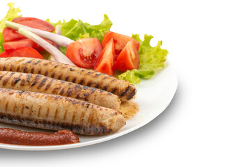 grilled fried sausages with salad on a plate isolate on white