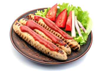 grilled fried sausages with salad on a plate isolate on white
