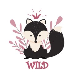 Cute fashion childish print, poster with fox, herbs, text wild in Scandinavian style stock vector illustration isolated on white background. Graphic forest composition.