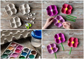 Collage of 4 photos, learning how to make flowers from recycling egg boxes.