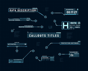 Futuristic callouts. Hud set of callout bar labels. Information callouts of lower third. Digital info boxes layout templates. Elements of hud interface. Vector illustration.