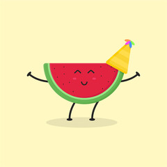 Cute Flat Cartoon Watermelon Illustration. Vector illustration of cute watermelon with a smiling expression. Cute watermelon mascot design
