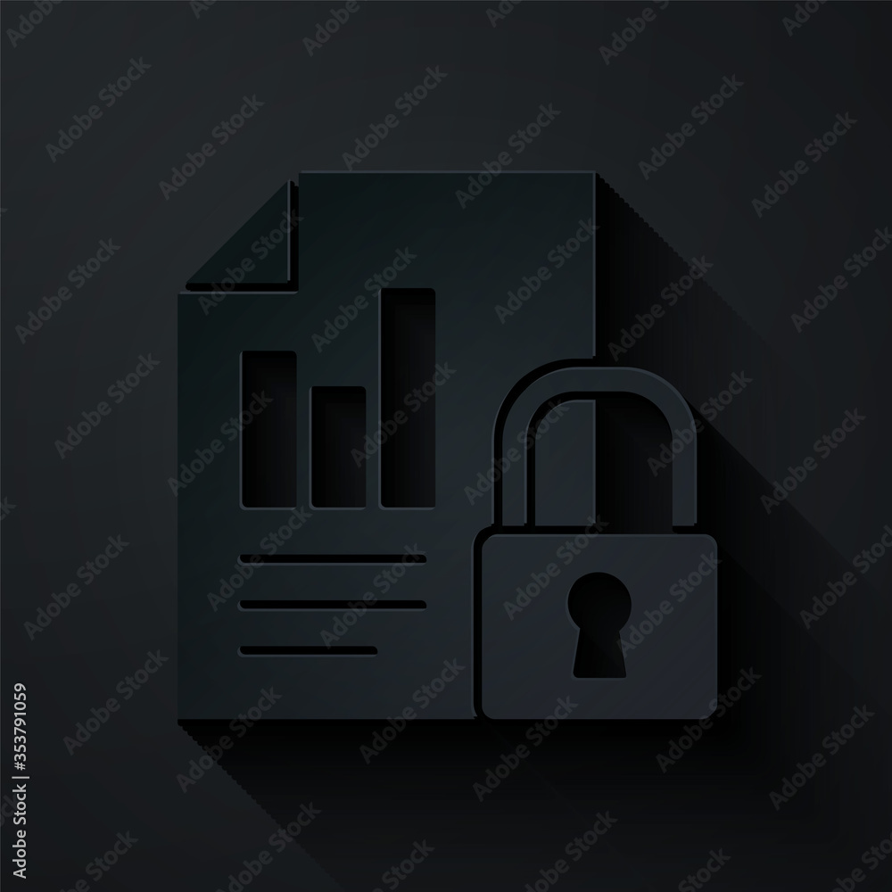 Poster paper cut document and lock icon isolated on black background. file format and padlock. security, sa