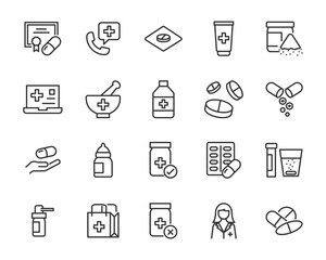 set of medicine icons, medical, pharmacy, drug store