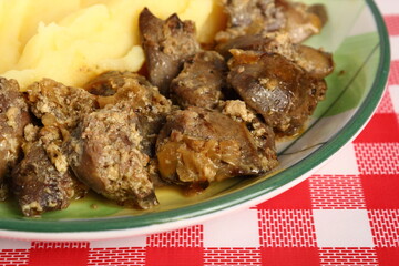 Fried chicken livers and mashed potatoes