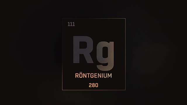 Roentgenium as Element 111 of the Periodic Table. Seamlessly looping 3D animation on grey illuminated atom design background orbiting electrons name, atomic weight element number in German language