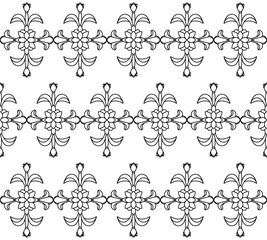 Decorative floral monohrome seamless pattern in ornamental damask modern style. Vector elegant tile surface design. Black ornate on white background