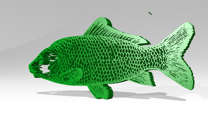 fish on the wall. 3D illustration of metallic sculpture over a white background with mild texture
