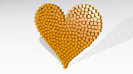 HEART OF SQUARES on the wall. 3D illustration of metallic sculpture over a white background with mild texture