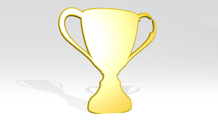 trophy made by 3D illustration of a shiny metallic sculpture on a wall with light background