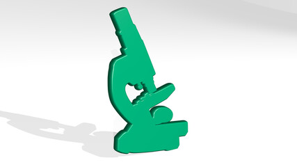 LAB MICROSCOPE made by 3D illustration of a shiny metallic sculpture on a wall with light background