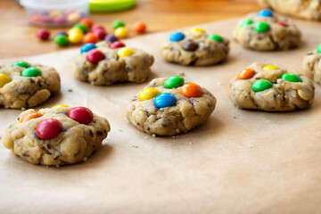 Cooking together at home. Stay and safe. Isolation. Make homemade cookies with colored pills