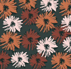 Fototapeta na wymiar Seamless repeating pattern with painted flower blossoms in pastel red, pink and orange on green background. Perfect for creating fabrics, greeting cards, wrapping paper, packaging.