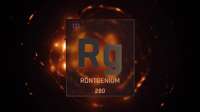 Roentgenium as Element 111 of the Periodic Table. Seamlessly looping 3D animation on orange illuminated atom design background orbiting electrons name, atomic weight element number in German language