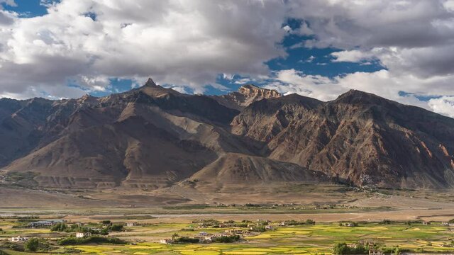 Time lapse of Padum village in Zanskar valley in evening, Himalaya mountains range in Ladakh in summer season, north India