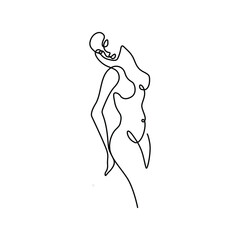 Nude woman abstract silhouette, continuous line drawing, small tattoo, print for clothes and logo design, emblem or logo design, isolated vector illustration.