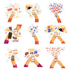 Vector flat hands with phone illustrations. Communication online, smartphone chat, video call with family and friends, online friendship in messenger concepts. Social networking, chatting with phone