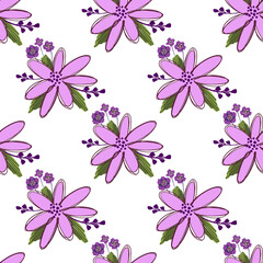 Obraz premium Simple cute floral bouquet vector pattern with small and medium flowers and leaves.
