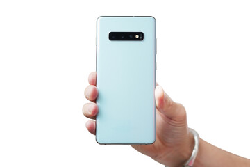 Man hand is holding the newest smartphone with triple-camera isolated on white background