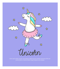 Card with a cute unicorn. Vector illustration. Vector illustration isolated on a purple background. Be used as a sticker. 