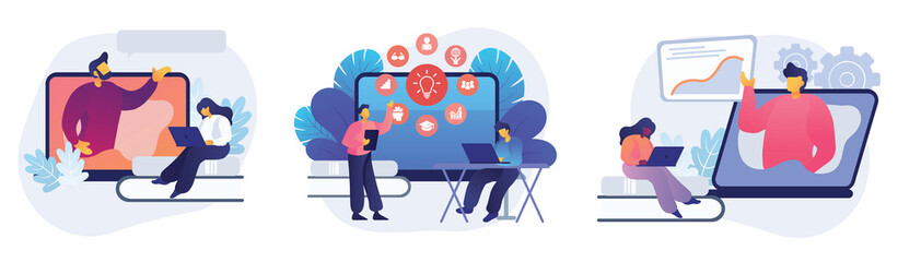 Educational web seminar, internet classes, professional personal teacher service icons set. Webinar, digital classroom, online teaching metaphors. Vector isolated concept metaphor illustrations