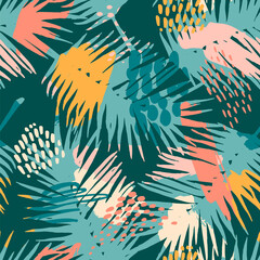 Abstract creative seamless pattern with tropical plants and artistic background.