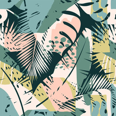 Abstract creative seamless pattern with tropical plants and artistic background.
